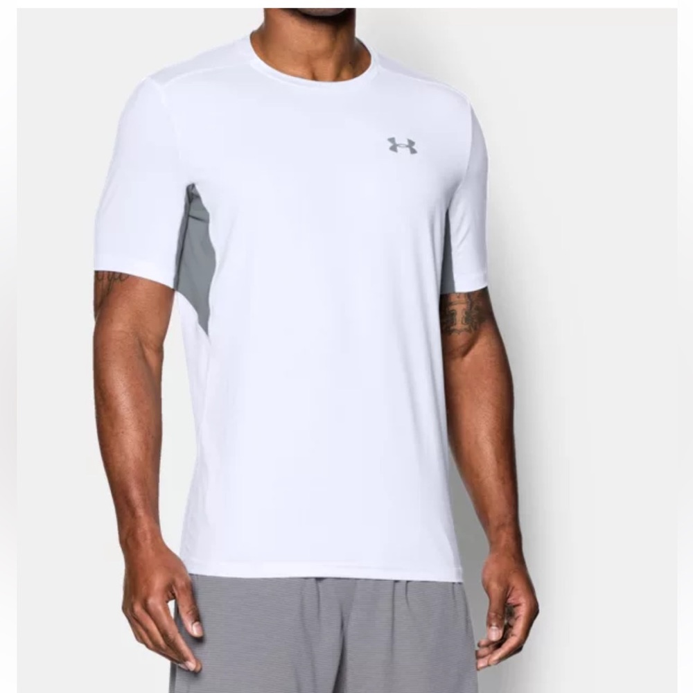 Under Armor Men’s Heat Gear Fitted White/Gray Athletic Running T-Shirt Size XL